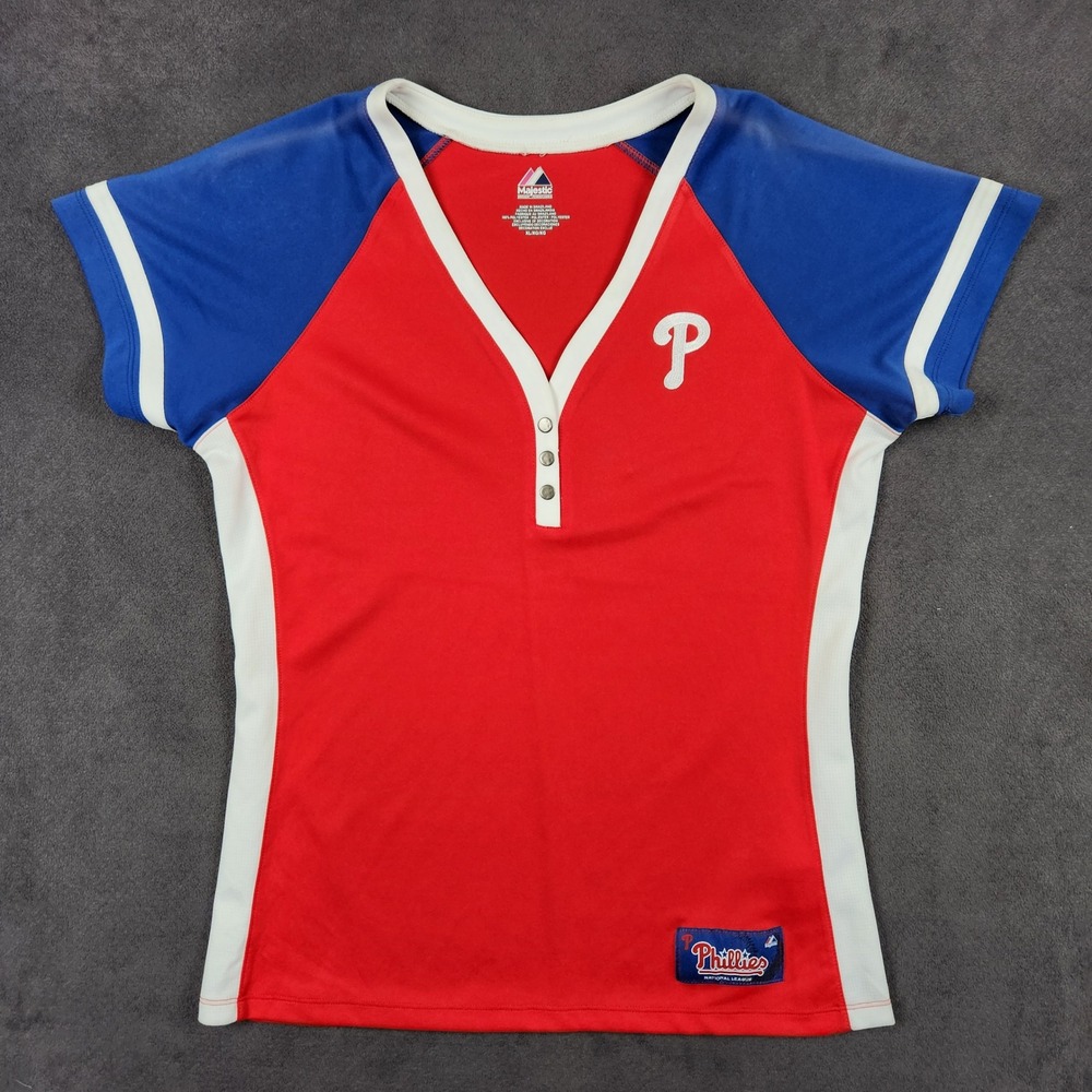Philadelphia Phillies Majestic Shirt Womens XL Red Blue‎ Colorblock V Neck MLB